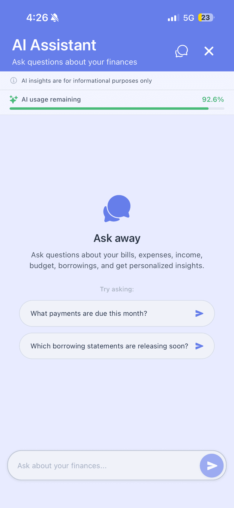 FinFloe AI chat screen answering questions about personal finances