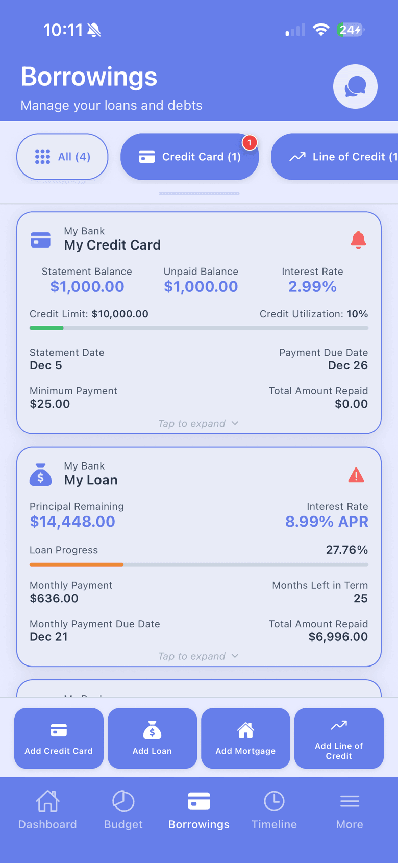 FinFloe borrowings screen with credit card and loan details, utilization and due dates