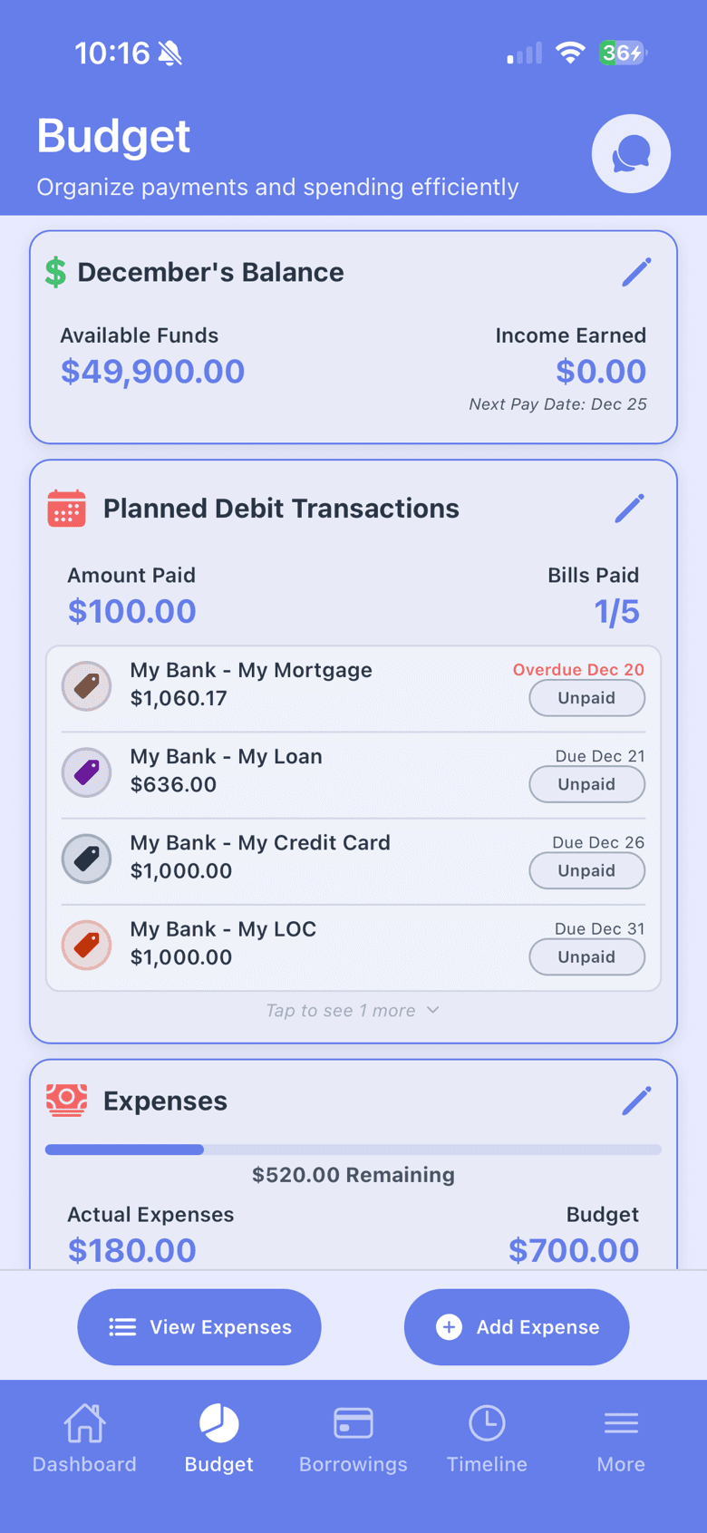 FinFloe budget screen with income, planned debit transactions and expenses