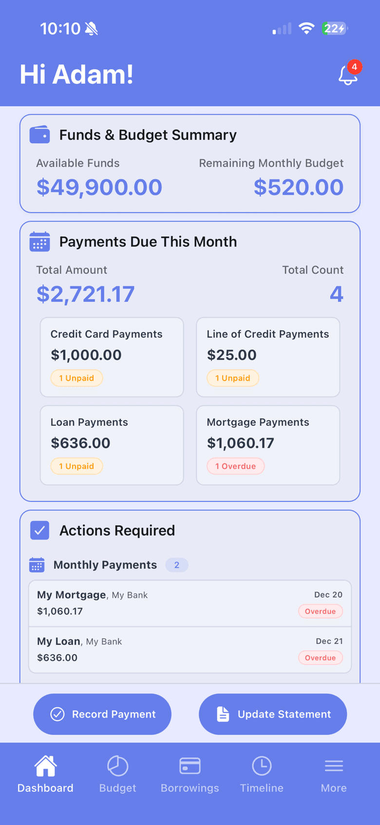 FinFloe dashboard showing available funds, payments due this month and actions required
