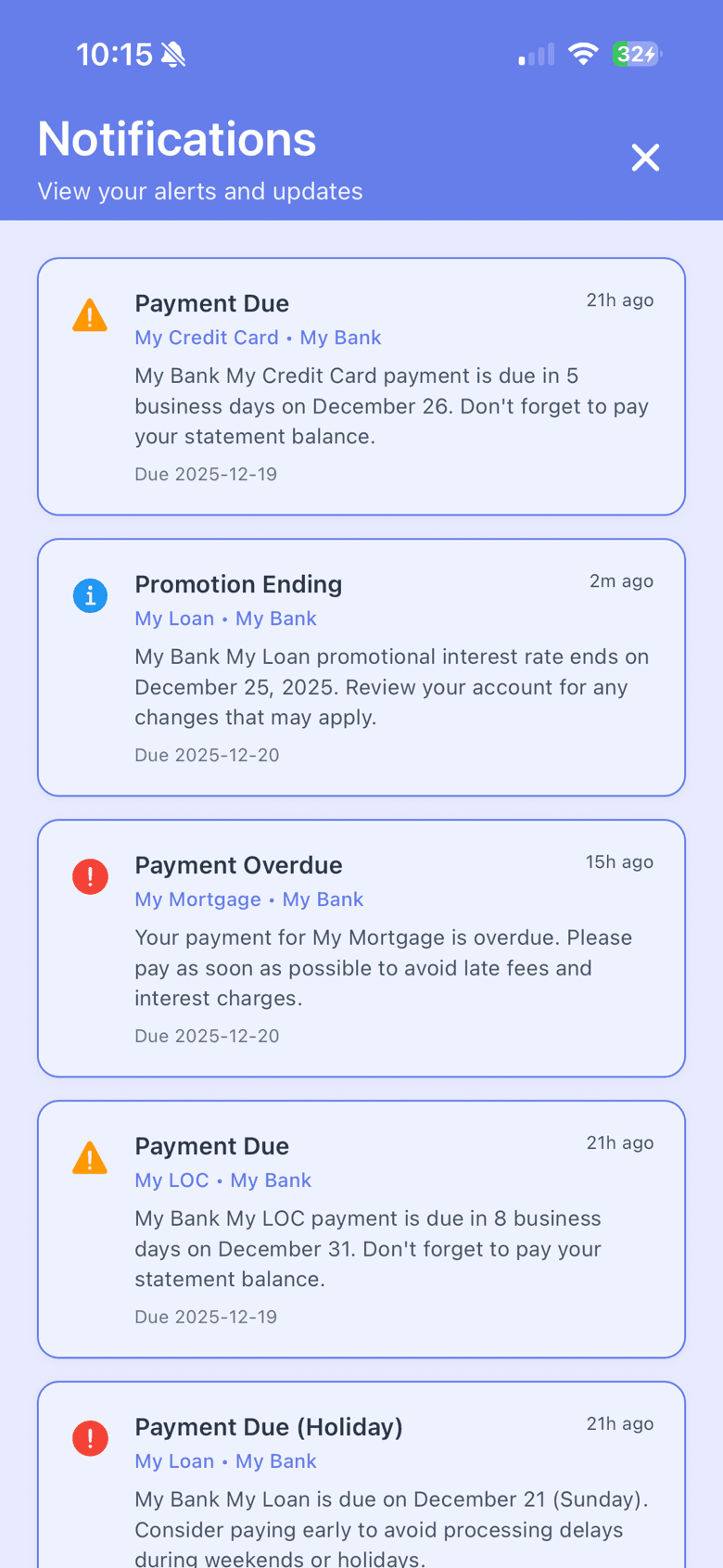 FinFloe notifications screen with payment reminders and statement alerts