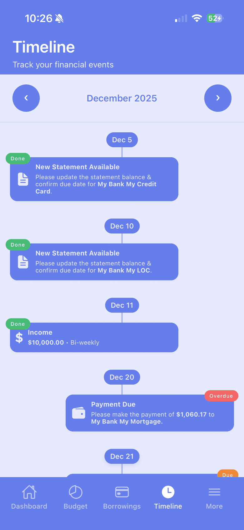 FinFloe timeline screen listing financial events in order